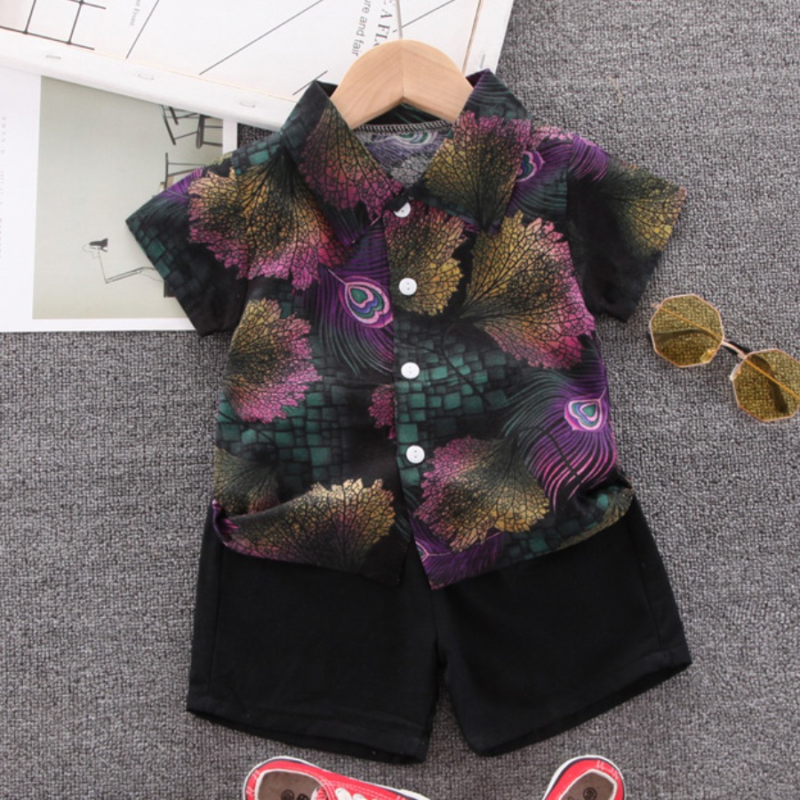 

Lovely Boy Boho Turndown Collar Floral Print Black Two Piece Shorts Set