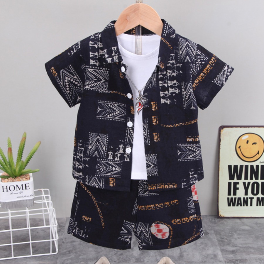

Lovely Boy Street Turndown Collar Letter Print Navy Blue Two Piece Shorts Set