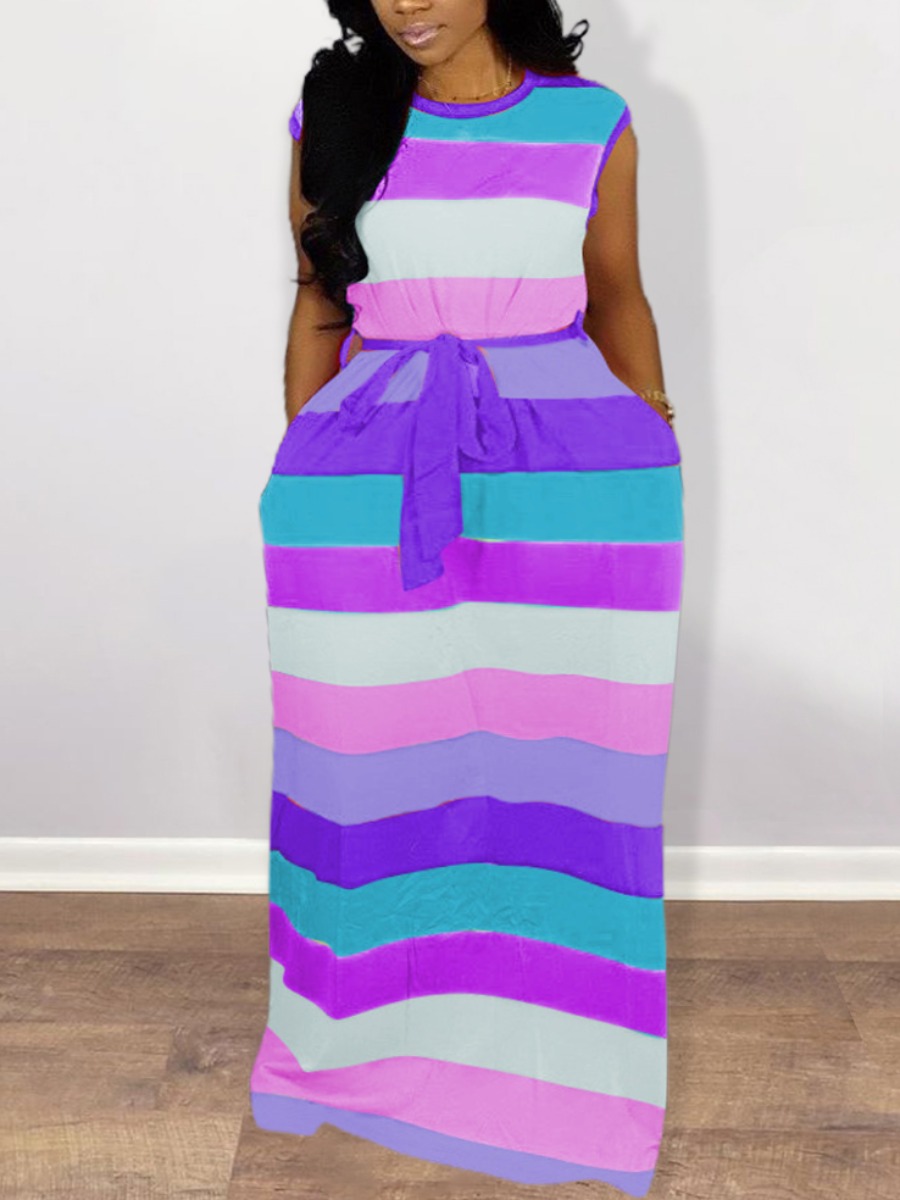 

Lovely Plus Size Boho Striped Bandage Design Purple Floor Length Dress