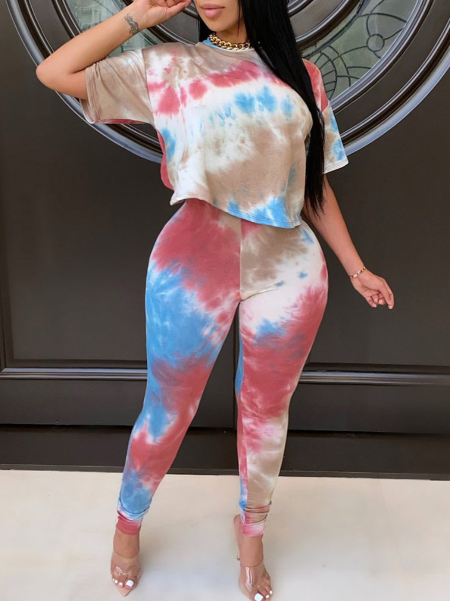 

Lovely Plus Size Casual O Neck Tie-dye Brown Two-piece Pants Set