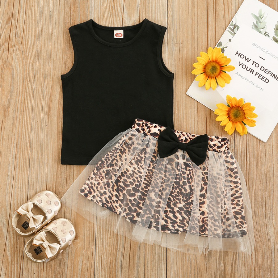 

Lovely Girl Casual Leopard Print Mesh Bow-tie Black Two Piece Shorts Set