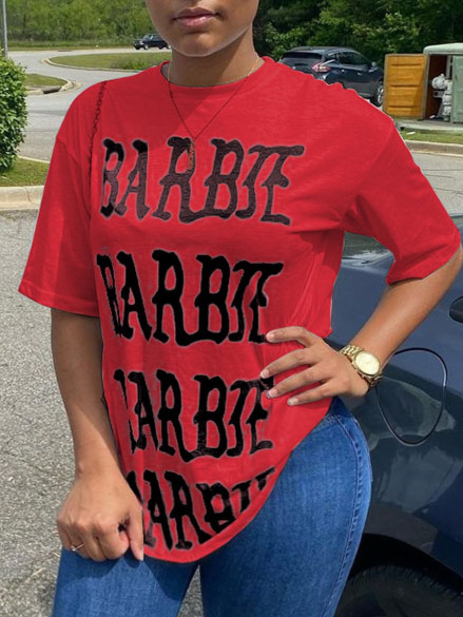

Lovely Plus Size Casual O Neck Letter Print Red T-shirt