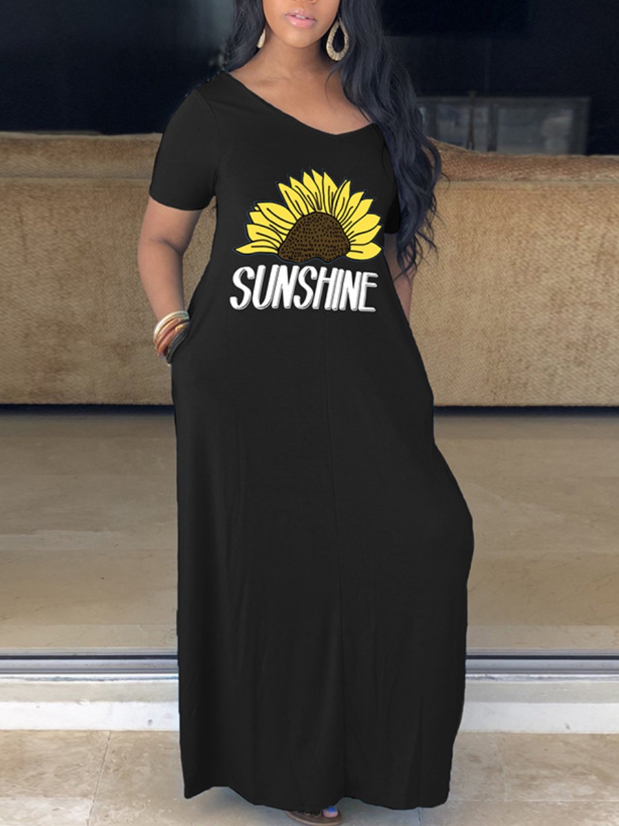 

Lovely Plus Size Casual V Neck Floral Letter Print Carbon Black Maxi Dress