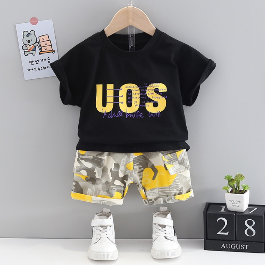 

Lovely Boy Casual Letter Camo Print Black Two Piece Shorts Set