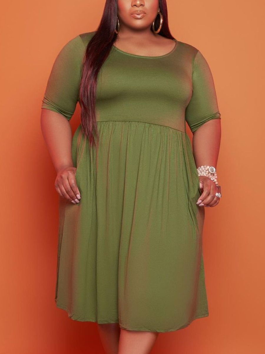 

Lovely Plus Size Casual O Neck Fold Design Green Knee Length Dress