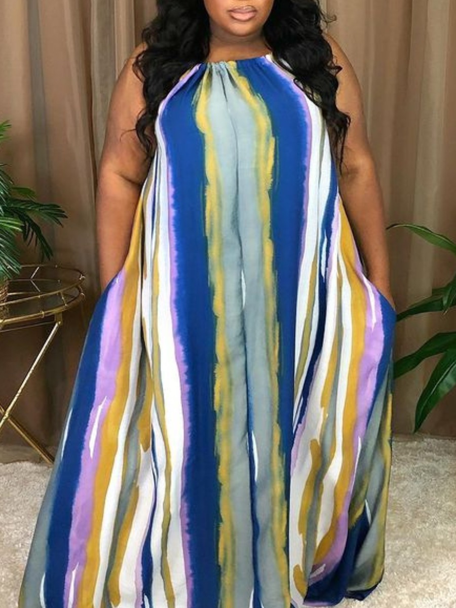 

Lovely Plus Size Boho Striped Pocket Design Blue Floor Length Dress
