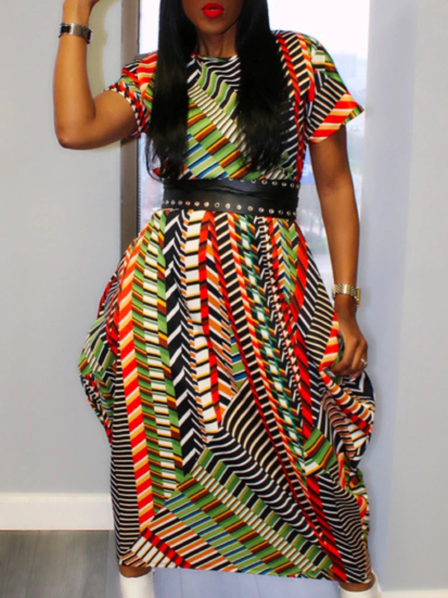

Lovely Plus Size Street Geometric Print Patchwork Multicolor Mid Calf Dress(Without Belt), Multi