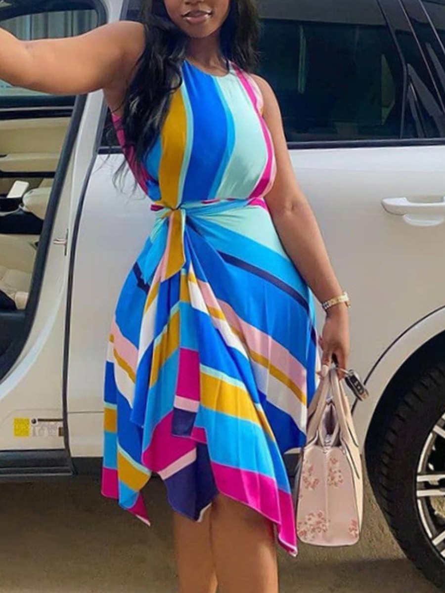 

Lovely Boho Striped Bandage Design Blue Knee Length A Line Dress