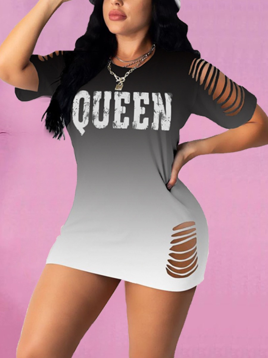 

Lovely Street Gradient Letter Print Ripped Black Mini Dress