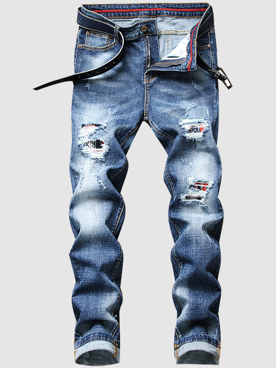 

Lovely Men Street Splash Ink Print Ripped Blue Jeans