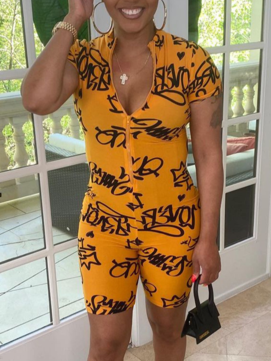 

LW Casual Letter Print Zipper Design Yellow One-piece Romper