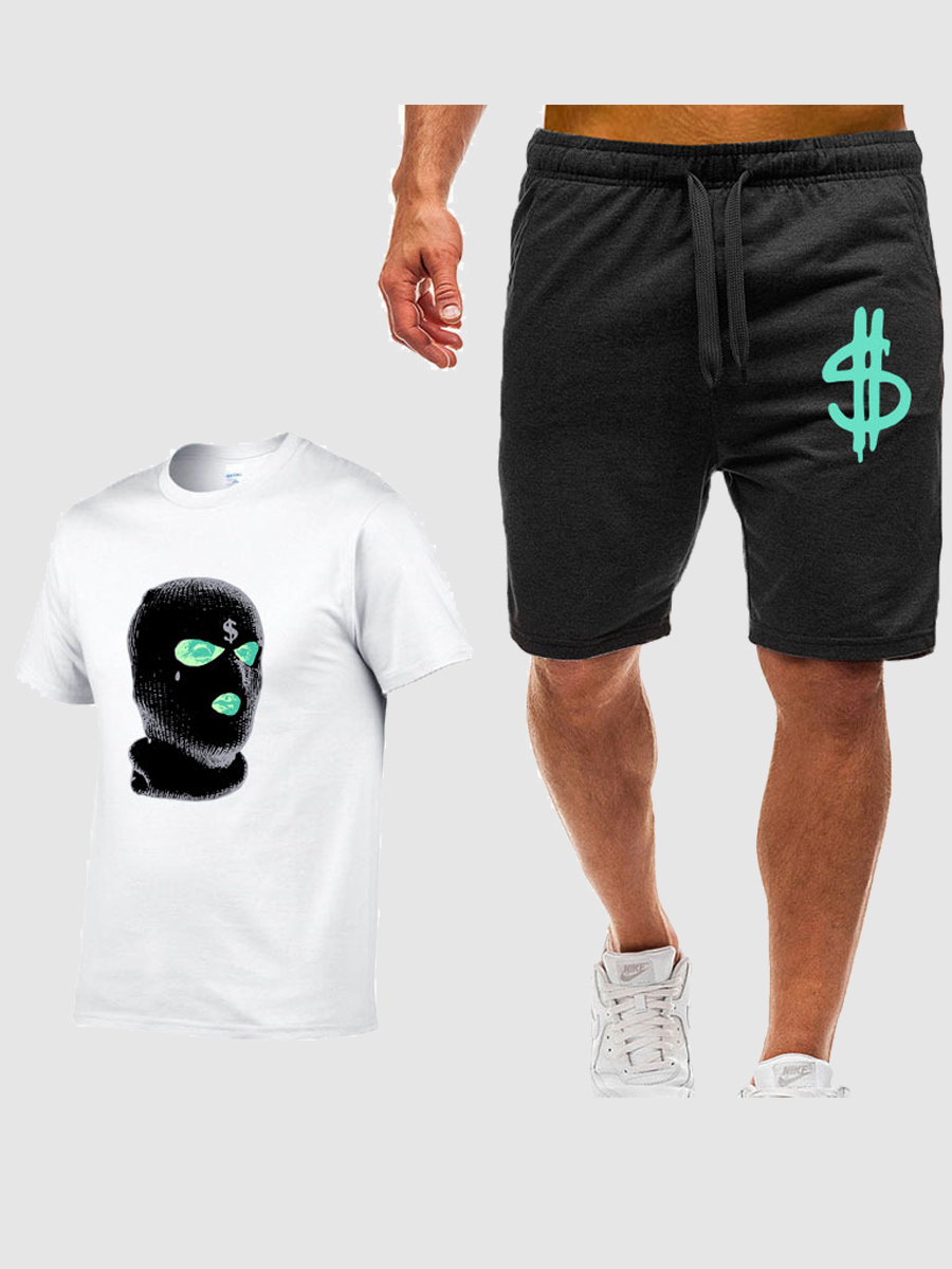 

LW Men Masked Face Money Print Drawstring Shorts Set, White