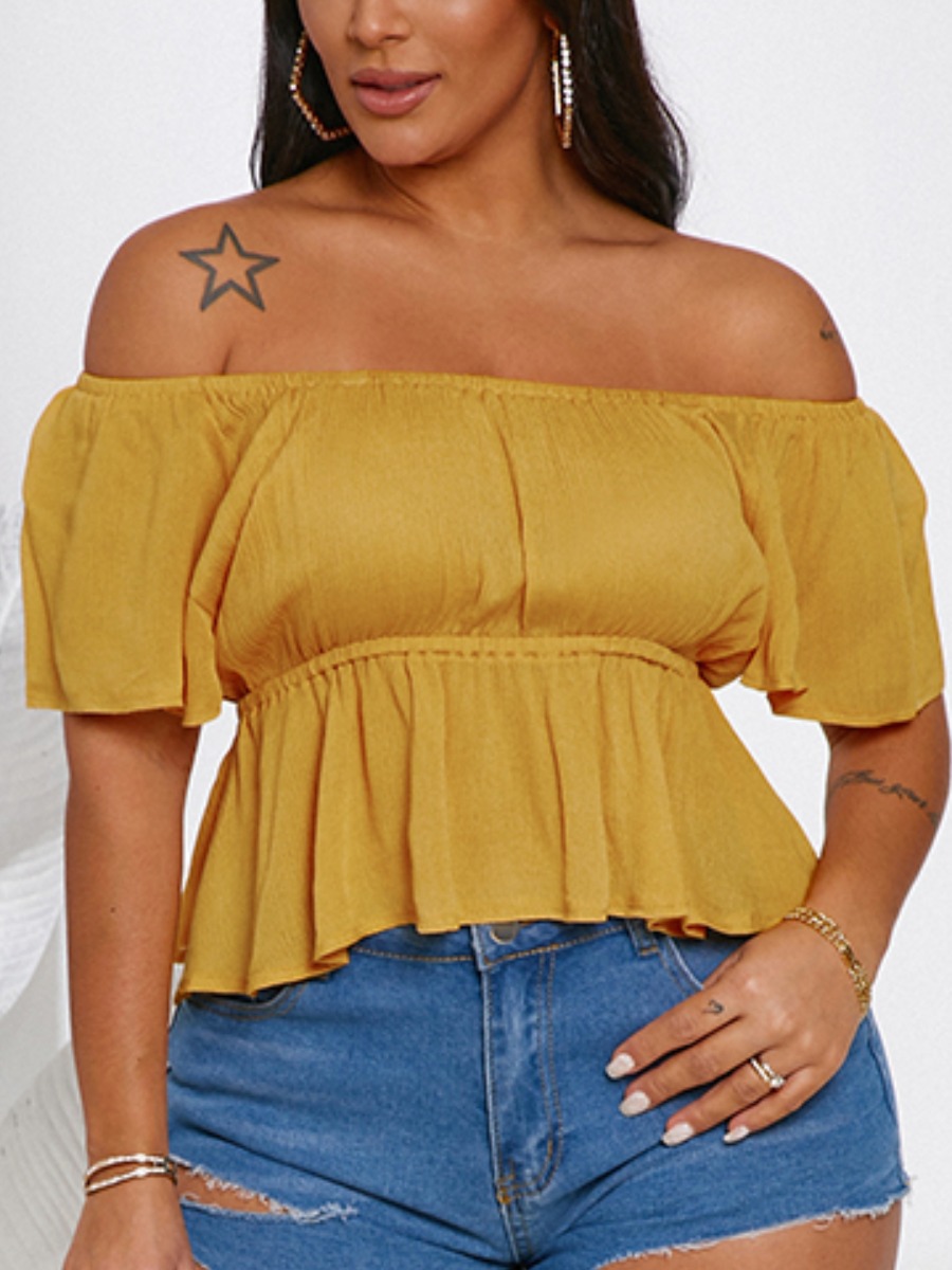 

Lovely Sweet Off The Shoulder Flounce Design Yellow Blouse