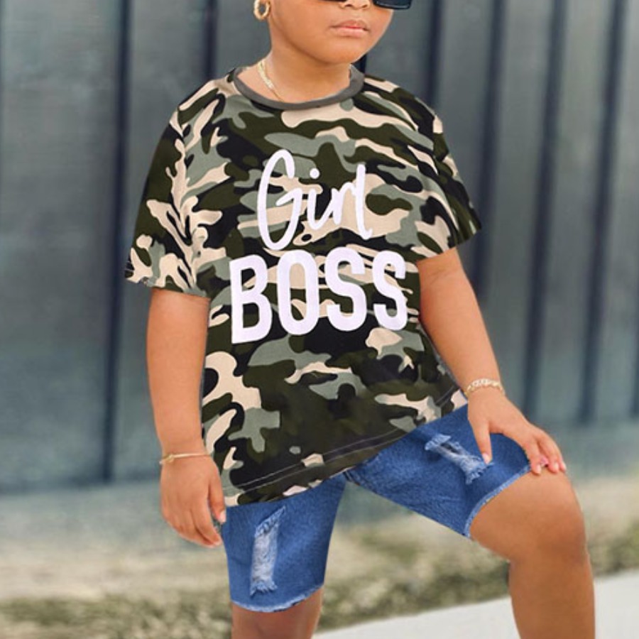 

Lovely Girl Casual Letter Camo Print Ripped Two Piece Shorts Set