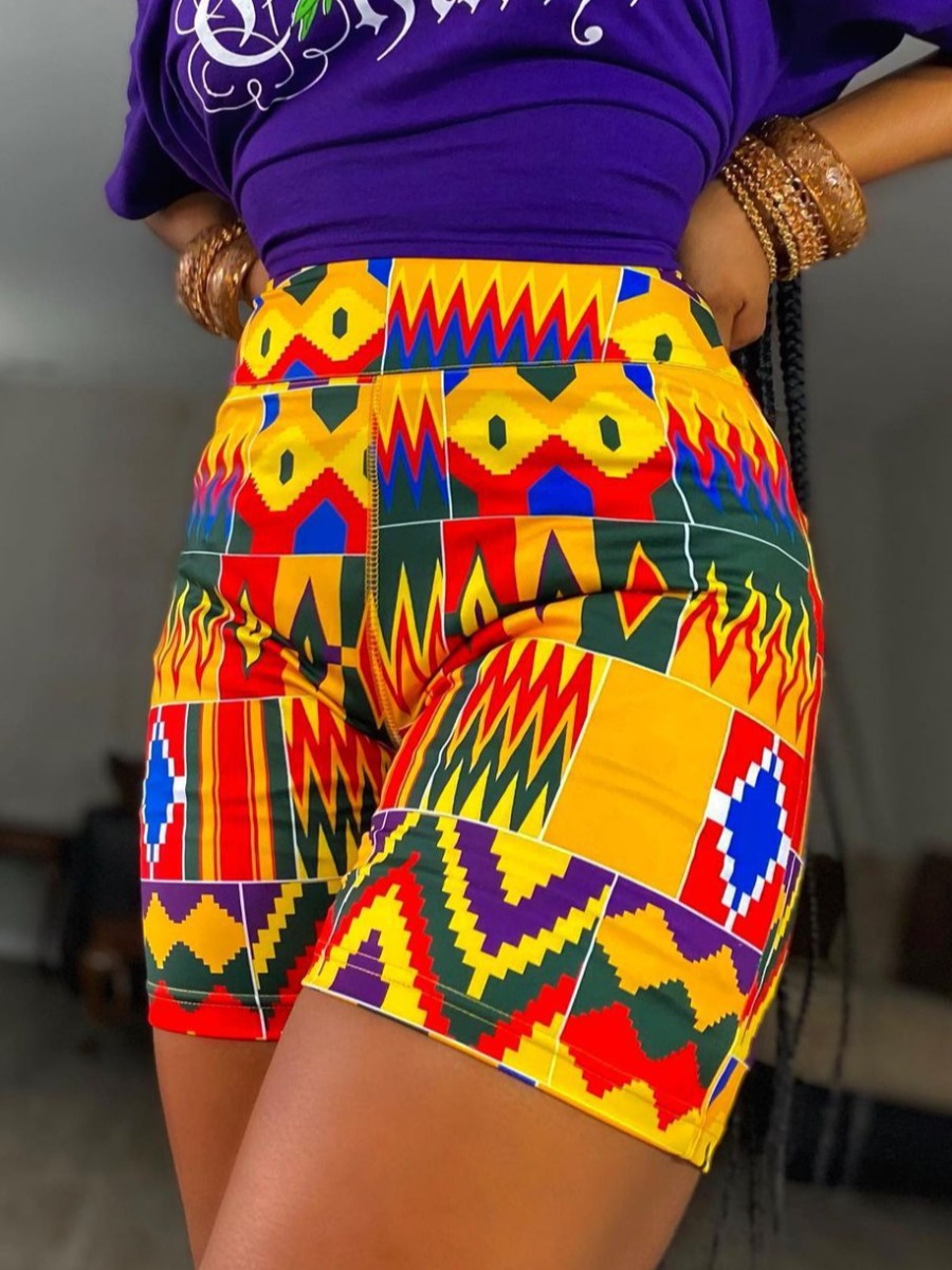 

Lovely Street Geometric Print Patchwork Yellow Shorts