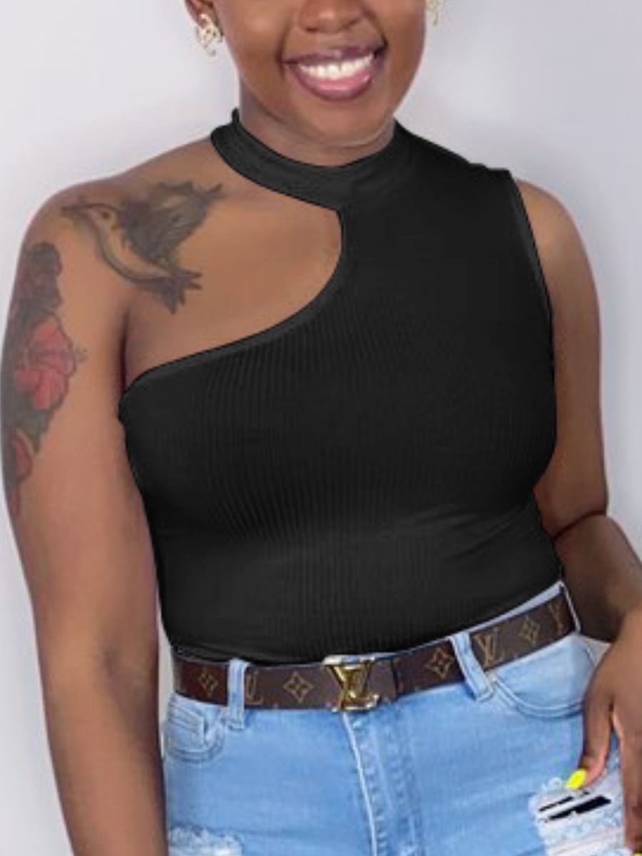 

Lovely Sexy One Shoulder Rib-Knit Black Camisole