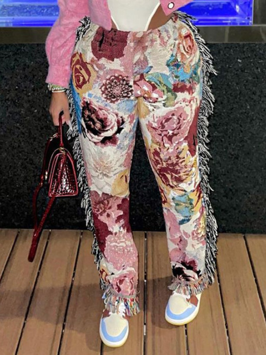 

Lovely Street Floral Print Tassel Design Pink Pants