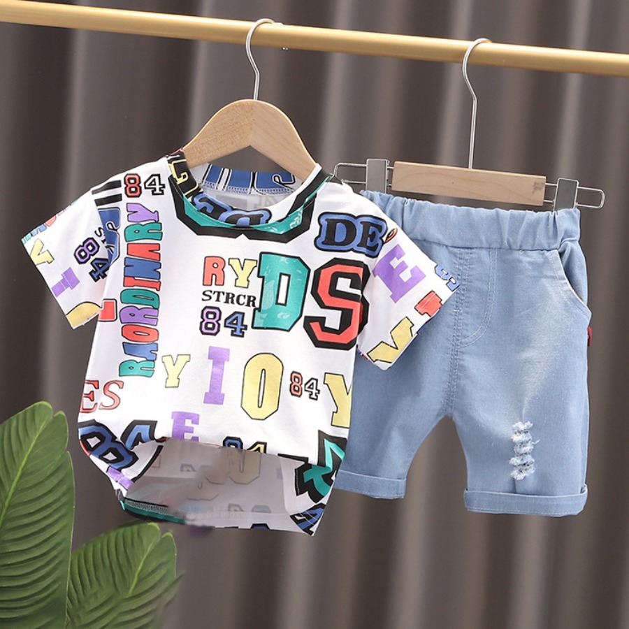 Lovely Boy Street Letter Print Ripped White Two Piece Shorts Set