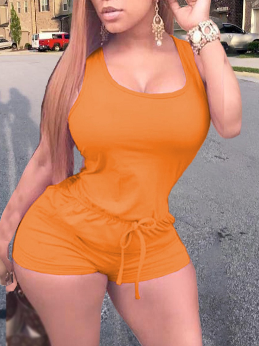 

Lovely Casual U Neck Drawstring Orange One-piece Romper