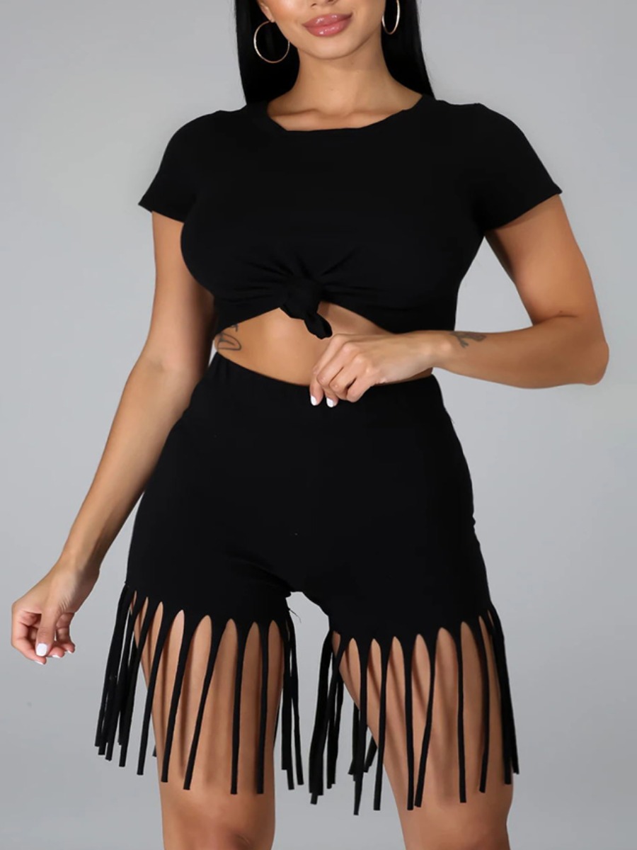 

Lovely Street O Neck Tassel Design Black Two Piece Shorts Set