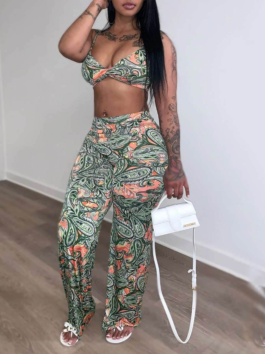 

Lovely Casual Cashew Print High-waisted Green Two Piece Pants Set
