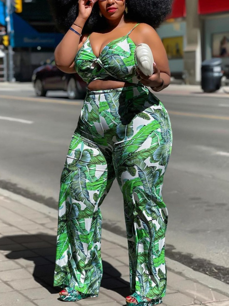 

LW Plus Size Casual Floral Print High-waisted Green Two-piece Pants Set