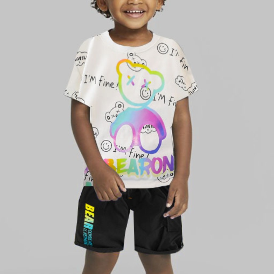 

Lovely Boy Street Cartoon Letter Print White Two Piece Shorts Set