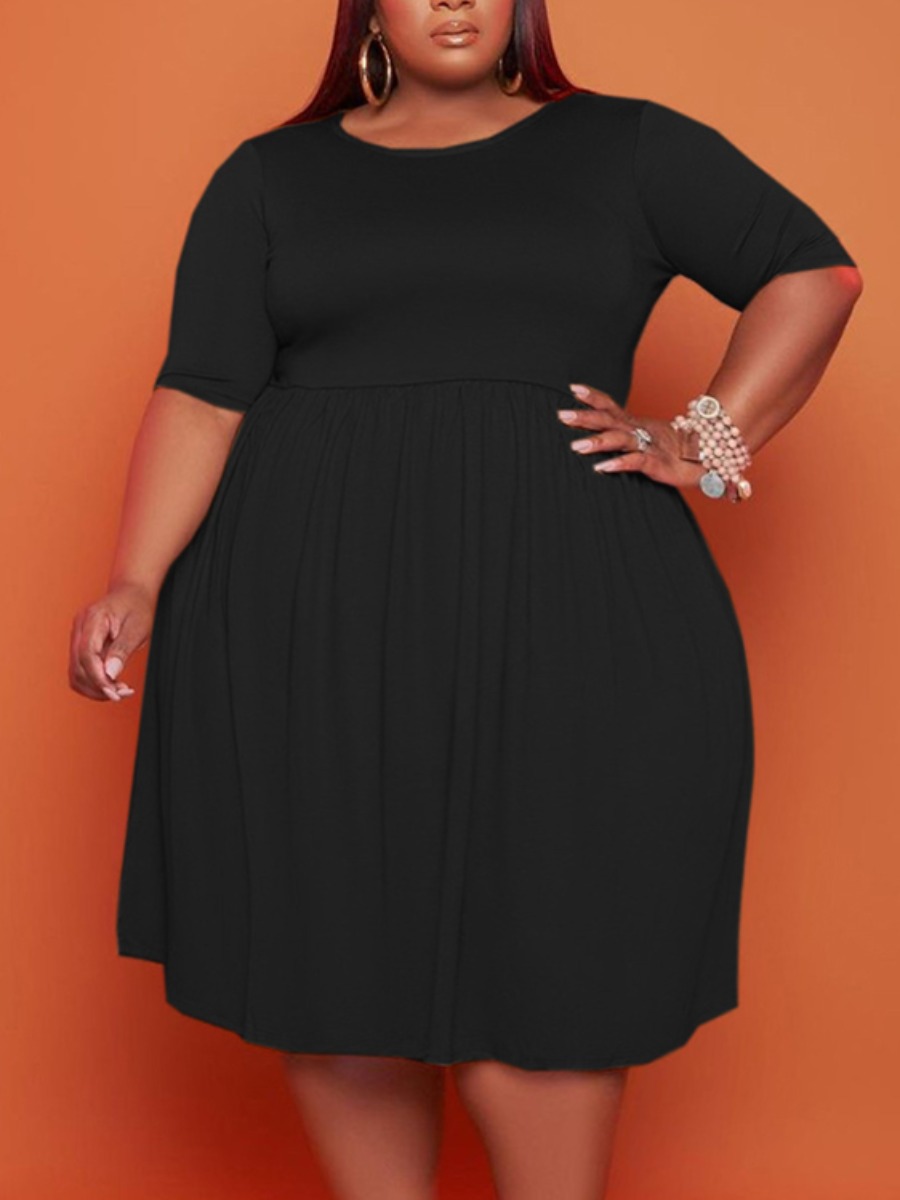 

Lovely Plus Size Casual O Neck Fold Design Black Knee Length A Line Dress