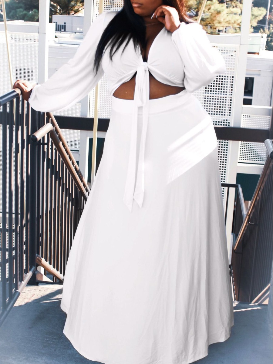 

LW Plus Size Casual V Neck Bandage Design White Two-piece Skirt Set