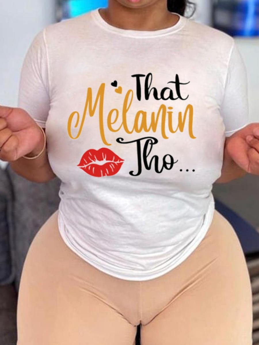 

Lovely Plus Size Street Lip Letter Print White T-shirt