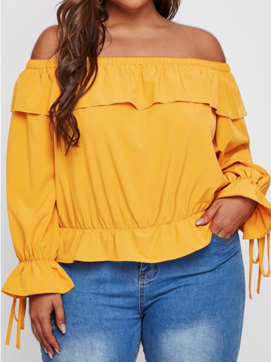 

Lovely Plus Size Casual Off The Shoulder Flounce Design Yellow Blouse
