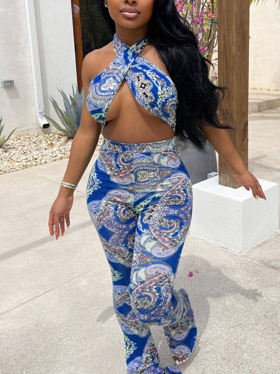 

LW SXY Print Backless Royalblue One-piece Jumpsuit