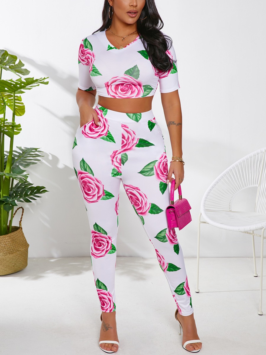 

Lovely Sweet V Neck Floral Print White Two Piece Pants Set