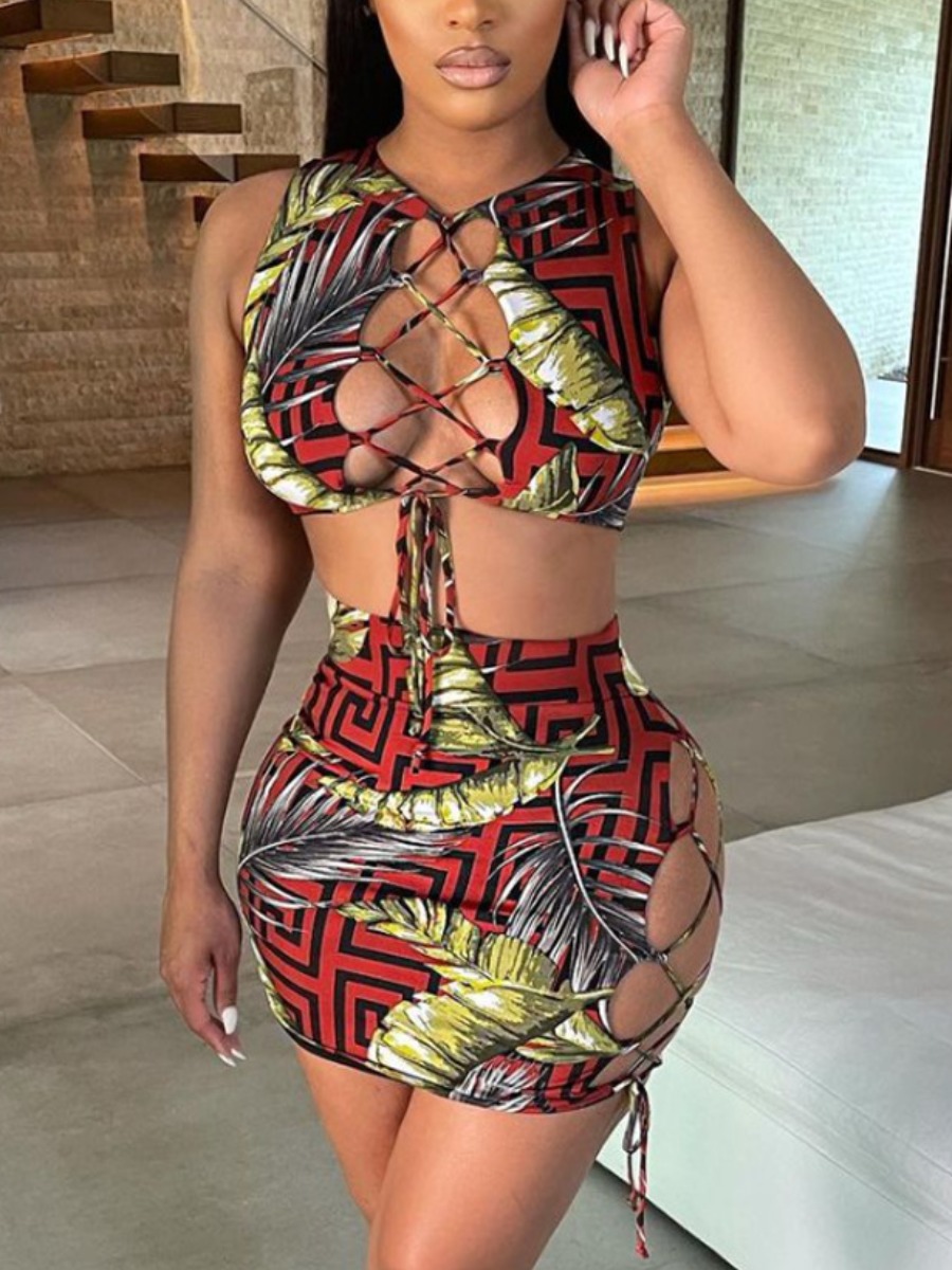 

Lovely Street Print Bandage Hollow-out Design Red Two Piece Skirt Set