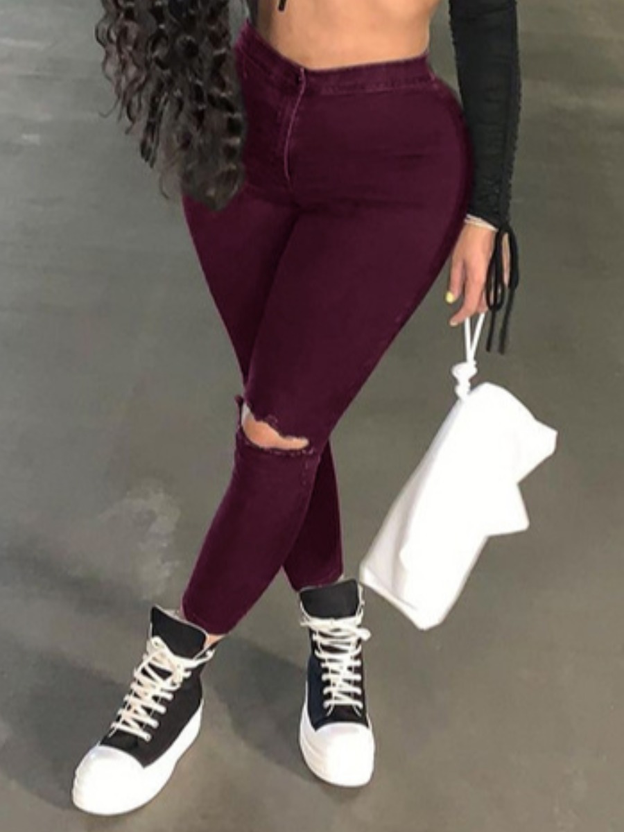 

Lovely Casual Mid Waist Ripped Purplish Red Jeans