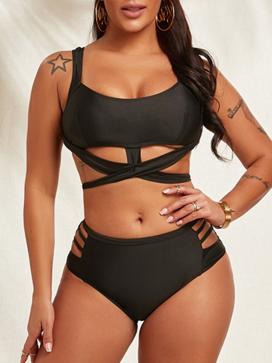 

Lovely Boho Bandage Hollow-out Design Black Two-piece Swimsuit