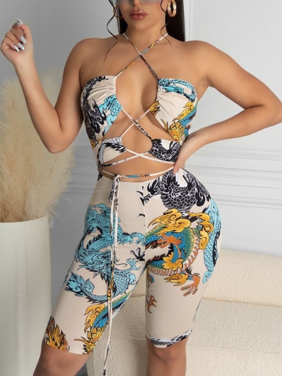 

Lovely Sexy Print Bandage Hollow-out Design Blue Two Piece Shorts Set