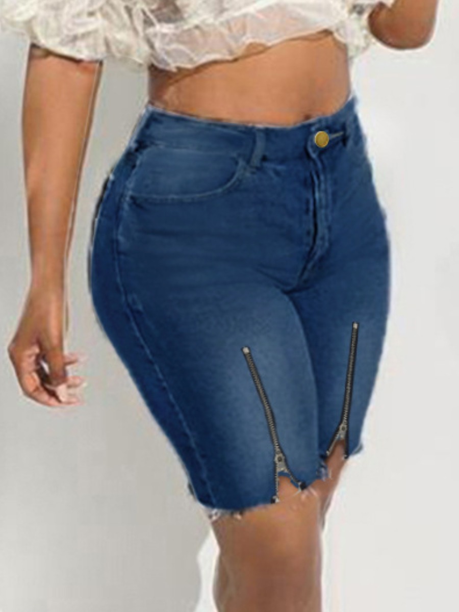 

LW Casual Raw Edge Zipper Design Blue Denim Shorts