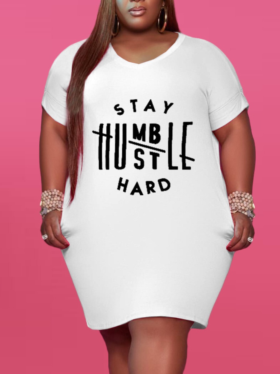 

Lovely Plus Size Casual V Neck Letter Print White Mini Dress