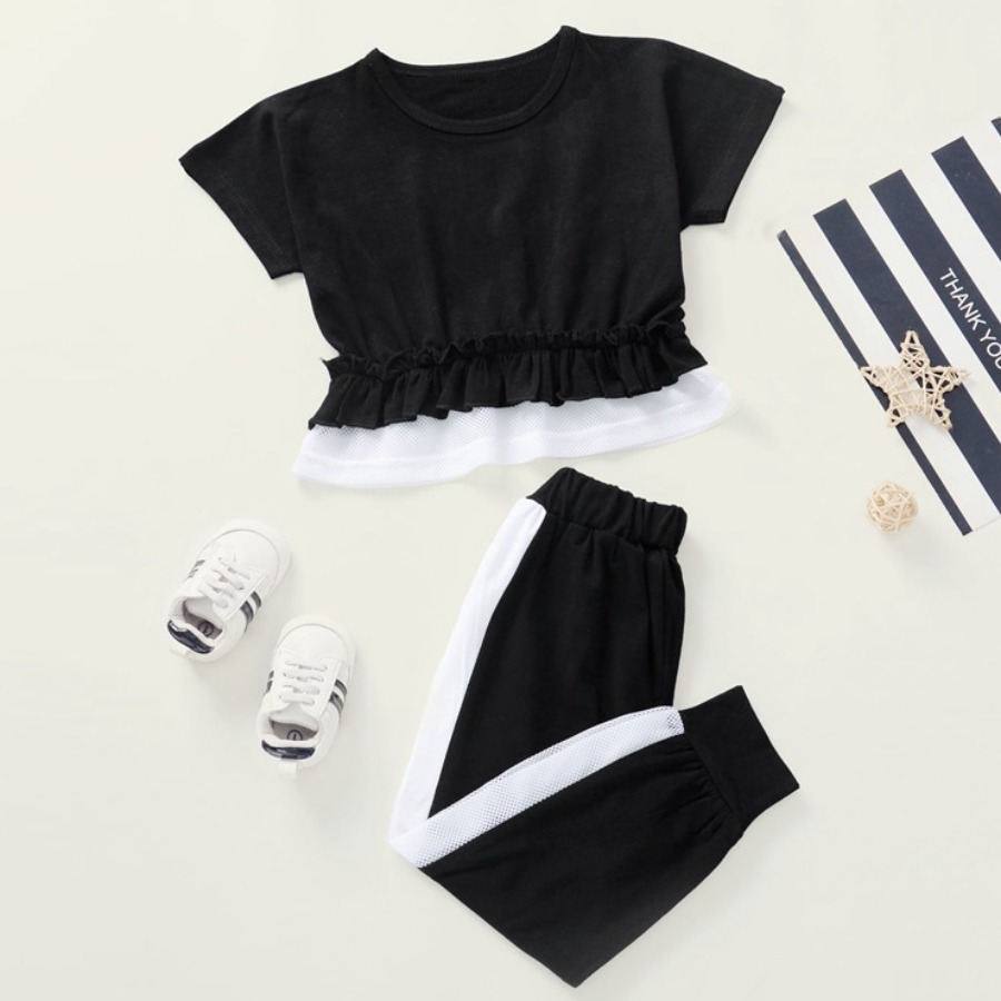 

Lovely Girl Sporty Ruffle Design Striped Black Two Piece Pants Set