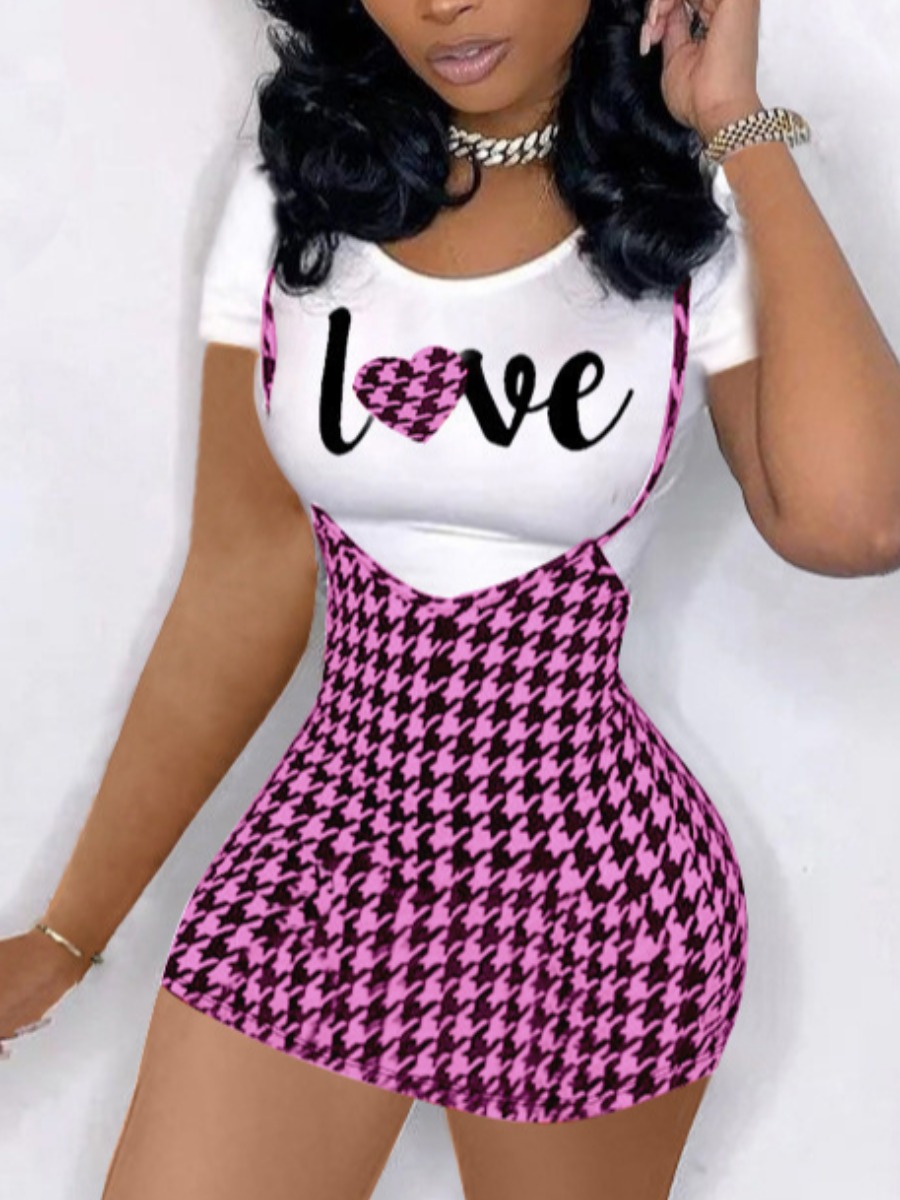 

Lovely Casual Plaid Letter Print Overall Pink Two Piece Skirt Set