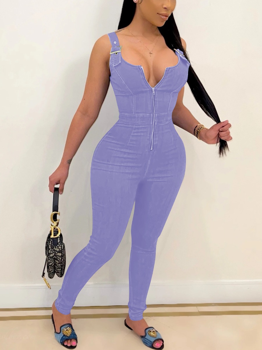 

LW BASICS Casual Buckle Design Overall Purple One-piece Denim Jumpsuit