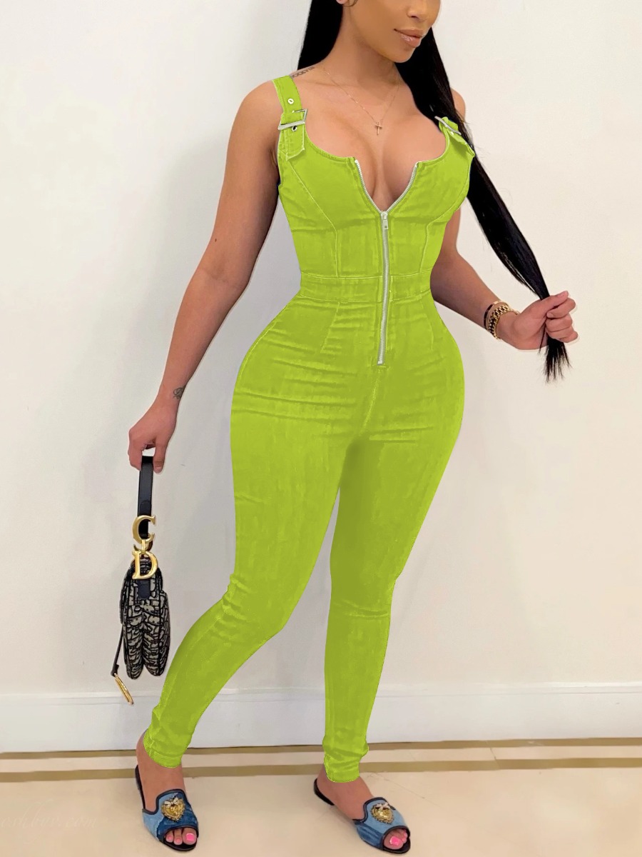 

LW Casual Buckle Design Overall Green One-piece Denim Jumpsuit