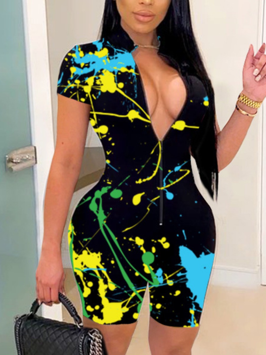 

LW Street Splash Ink Print Zipper Design Carbon Black One-piece Romper
