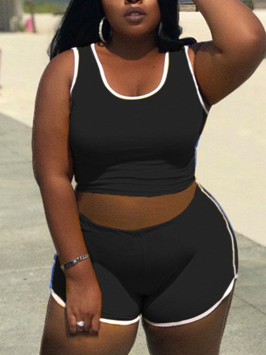 

Lovely Plus Size Sporty U Neck Striped Black Two-piece Shorts Set
