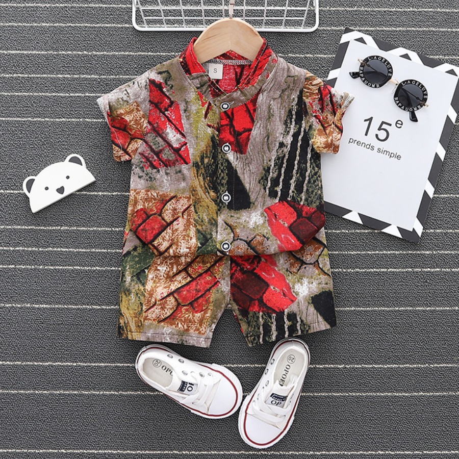 

Lovely Boy Boho Mandarin Collar Tie Dye Red Two Piece Shorts Set