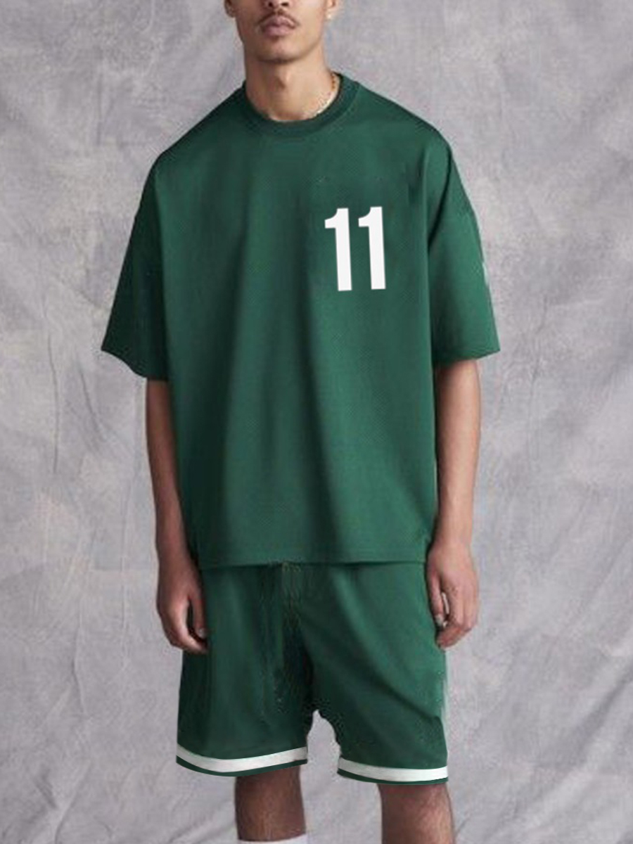 

Lovely Men Sporty Letter Print Striped Green Two Piece Shorts Set