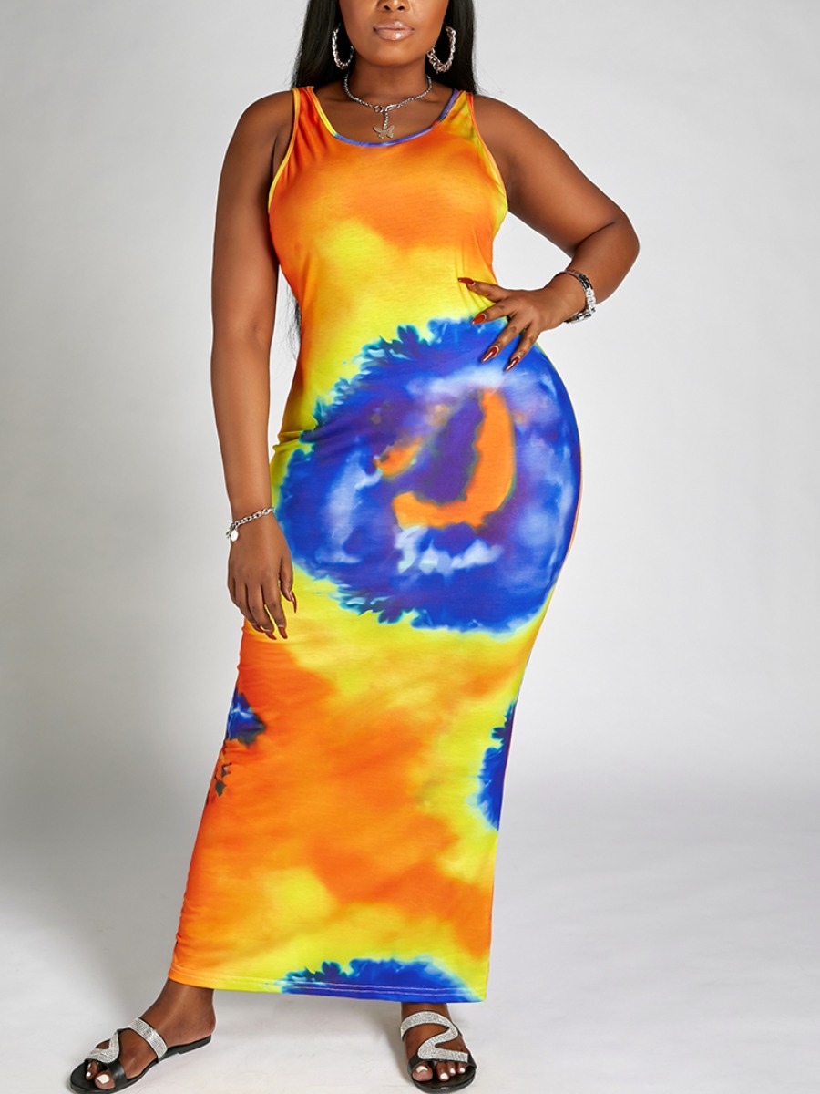 

Lovely Plus Size Casual U Neck Tie-dye Croci Ankle Length Dress