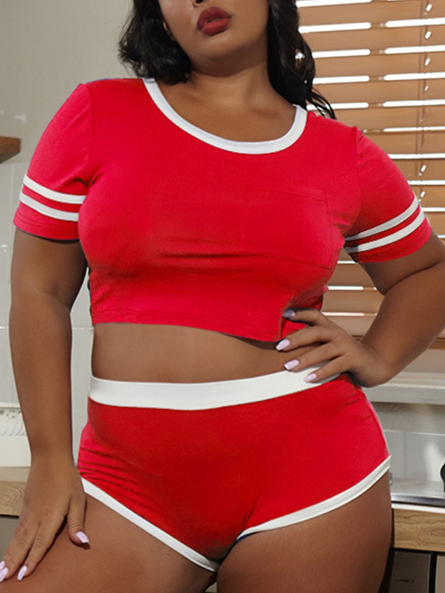 

Lovely Plus Size Sporty O Neck Striped Red Two-piece Shorts Set