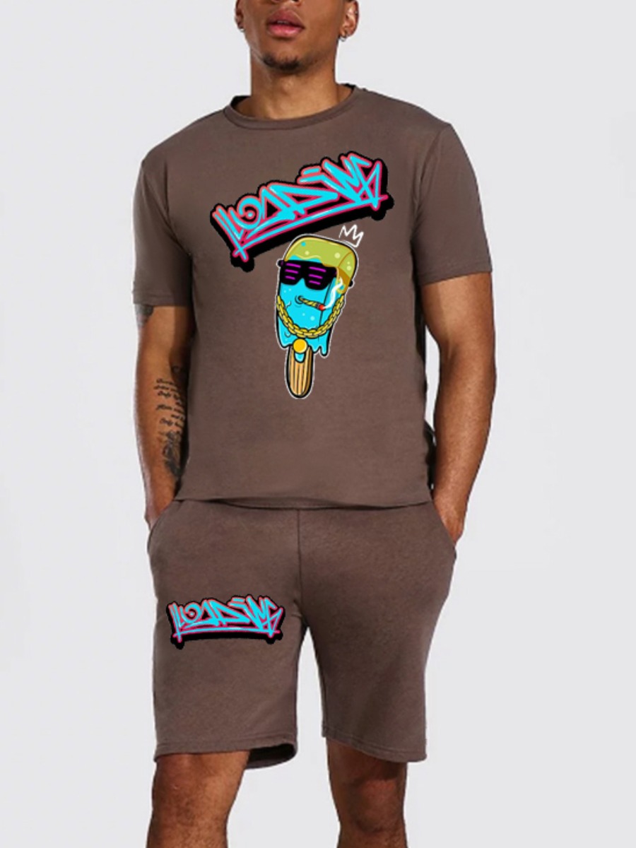 

Lovely Men Casual O Neck Letter Print Dark Grey Two Piece Shorts Set